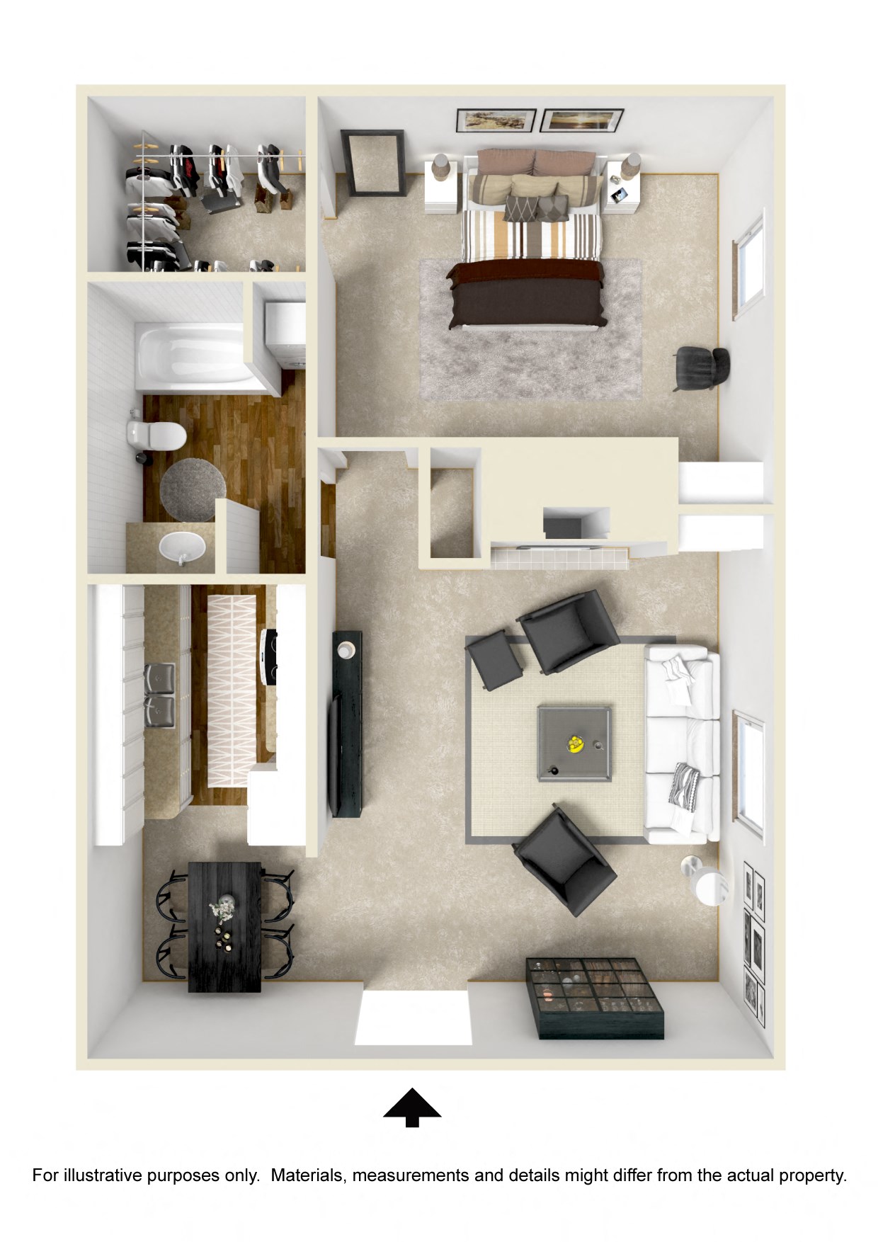Floor plan for 1 bed, 1 bath, 725 sqft
